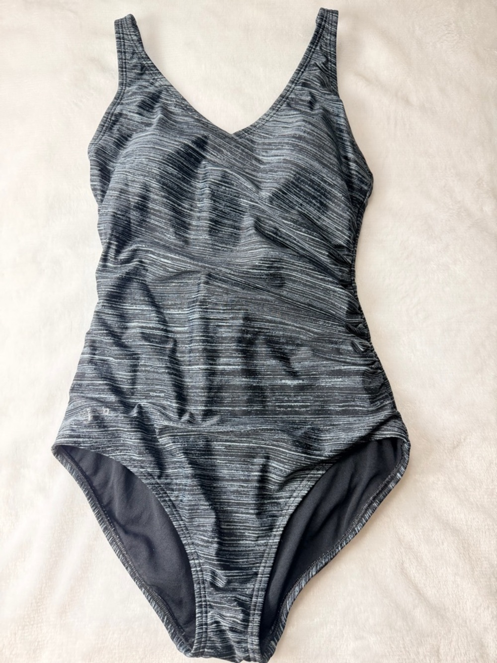 Speedo One Piece Swimsuit Ruched Tummy Control Black Gray Size 10 Swim Modest